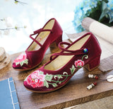 Breakj Heel Shoes Thick Heel Women's Shoes With Embroidered Cloth Shoes Cloisonne Blue Button Embroidered Peony Dance