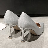 Heels Women Stilettos Elegant Sexy Nude Dress Shoes Bridal Stripper Party Gold Silver Luxury Pearl Pointed Toe