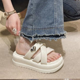 Breakj Summer New Thick-Soled Soft Leather Slippers Women Wear Cross Soft-Soled Beach Shoes Casual Fairy Wind Cool