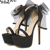 Sexy Open Toe 16CM Super High Heels Platform Sandals Women Fashion Pink Net Yarn Bowknot Design Wedding Stripper