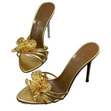 Breakj New Slippers Spring And Summer Golden Flowers Dotted With Female High Heels Sexy Fine Strip High Heel Slippers Women