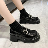 Breakj Bottom Mary Jane Small Leather Shoes Female 2023 New British Wind Pine Platform Bottom Metal Rhinestone Chain Loafer Single
