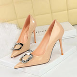 Breakj Banquet Rhinestone Belt Buckle Women's Shoes Patent Leather Shallow Pointed High Heel Single