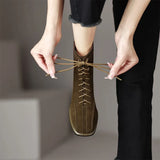 Breakj Lace-Up Short Boots Female Thick With Soft Leather Frosted Autumn Winter New Fashion Retro Simple Square Head In The Heel Martin
