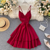 Summer Women V-neck Sling Cascade Ruffles Short Dress High Waist Slim Beach Backless Butterfly Bandage Red