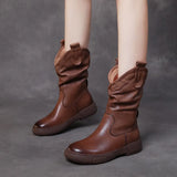 Breakj Boots Pile Boots Top Layer Of Kraft Mid-Sleet Boots Women Flat Bottom Soft Skin Autumn Winter Leather Martin Boots Horse Rider