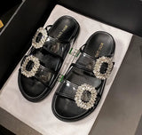 Rhinestone Belt Buckle Slippers Women Thicken Sole Shoes Ladies Casual Slides Outdoor Flipflops Silver Beach Sandals