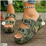 Breakj New Large-Size Lame And Denim Belt Buckle A Pedal Cool Slippers For Women To Wear Thick Bottom