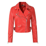 Women Black Faux Leather Jackets Pu Motorcycle Zipper Faux Soft Leather Rivet Zipper Red Pink Turn-down Collar