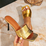 Breakj Women's High-Heeled Sandals Fashion Square Head Gold High Heel Women's Shoes Fine High Heel Sandals One Foot Pedal Simple Go Out Women's