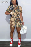 Camouflage Women Two Piece Sets Letter Print Short Sleeve Pockets Baseball Top Shorts Casual Summer Fashion