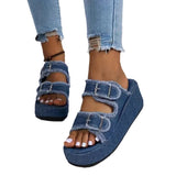 Breakj New Large-Size Lame And Denim Belt Buckle A Pedal Cool Slippers For Women To Wear Thick Bottom