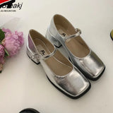 Mary Jane Shoes Women Low-Heeled Single Shoes Square Toe Retro Flat Shoes Solid