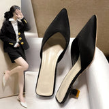 Half Support Shoes Women 2023 Summer New Large Size Tip Thin Heel Shallow Cloth Mueller Shoes Middle Heel