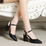 Women Classic Pointed Toe High Quality Black Leather Buckle Strap Square Heel Shoes Lady Office Pumps Sapatos Femininas