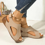 New Size 2024 Sandals Women's Car Sewing Breathable Velcro Hollowed-Out Slope Heel Sandals