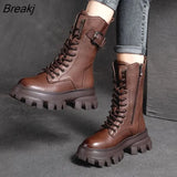 Retro Vintage Platform Female Mid-Calf Boots Handmade Round Toe Med Heels Shoes For Women Genuine Leather Boots