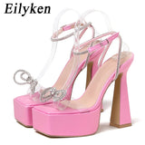 Sexy Crystal Rhinestone Platform Women Sandals Fashion Open Toe PVC Transparent Super High Heel Female Designer