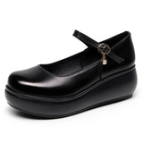 Breakj Skin Round Head Heel Slope And Shallow Mouth Single Shoes Waterproof Table Casual Leather Shoes Buckle With Loose Cake Thick-Soled Shoes Women