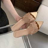 Breakj Sense!Champagne Lace Embroidery Tip High Heels Female Feel Fish Mouth Fine Heel Toe-In-Word Drag
