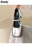 Mary Jane's Shoes Women Pumps Spring Autumn Medium Heel Thick Square Toe Loafers Button Shallow Gold Sliver Women