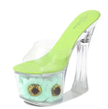 Women Model Shoes Thick Super High heels 17cm Sunflower Waterproof Fishmouth Sandals Transparent Crystal Shoes Wedding