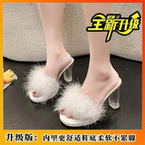 Breakj New Summer Sexy High-Heesed Slippers Women's Korean Version Of Rough And Feather Slippers Transparent Belt