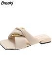 Soft Pu Leather Slides Women Flat Slippers Summer Outdoor Open Toe Metal Buckle Designer Sandals Shoes Blue Flip