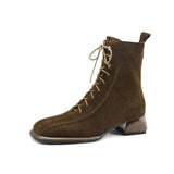 Breakj Lace-Up Short Boots Female Thick With Soft Leather Frosted Autumn Winter New Fashion Retro Simple Square Head In The Heel Martin