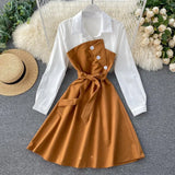 Women Casual Shirt Dress Spring Autumn Turn-down Collar Patchwork Button A-line Dress Sweet Female