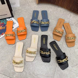 Breakj New Korean Version Of The Metal Chain A Word Cool Slippers Women Wear Flat-Bottomed Fashion