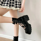 Gothic Hollow Sandals Women Thick Sole Metal Buckle Punk Style Spice Single Shoes Chunky Heel Platform Cross Tied