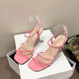 Breakj Summer New Square Head Fine And Sweet One-Word Strap French Heel Sandals Crystal Heel Women's