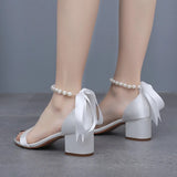Breakj Cm Thick Heel Sandals Shallow Mouth With Sandals Champagne Satin Cloth Bride White Sandals Women Wedding