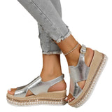 Breakj And Summer New Large-Size Hollow Fish Mouth Heel Sandals Women's Pine Cake Silver Bright Buckle Flat Women's