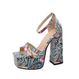 Print Sandals Women 2023 Summer Platform Shoes Chunky Style Peep Toe Heels Cloth Upper Zapatos