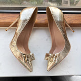 Soft Matte Gold Women Pointy Toe High Heel Wedding Bride Shoes with Bow Shiny Stiletto Pumps Large Size 43 44