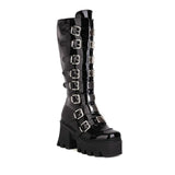 Black Motorcycle Boots Women 2023 Autumn Winter Patent Leather Gothic Punk Style Metal Belt Buckles Platform