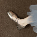 Versatile Silver Mary Jane Shoes Women 2023 Spring And Autumn Thick Heel With A Word Buckle Belt Shallow Mouth Heel Single