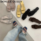 Square Toe Slippers Women Slip On Slide Flat Casual Summer Shoes Beach Flip Flops Narrow Band Sandal New Brand