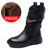 Breakj Boots Pile Boots Top Layer Of Kraft Mid-Sleet Boots Women Flat Bottom Soft Skin Autumn Winter Leather Martin Boots Horse Rider