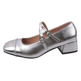 Vintage Silver Single Shoes Women's Thick Heel 2024 Spring Square Head Shallow Mouth Belt Buckle College Wind Mary Jane