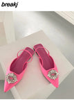 Brand Woman Sandals Luxury Crystal Slingback Flat Pointed Toe Mule Slip On Slide Rhinestone Vacation Shoes Big Size 41