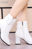 Ankle Buckle Decoration White Black Thick High Heel Ankle Boots Women 2023 Pointed Toe Keep Warm Elegant Short