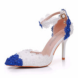 Breakj Cm Tling Blue And White Lace Flower Banquet Stage Sandals Fine Heel Sandals Women's Ball Cheongsam Pointed