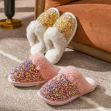 Sequins Home Fur Slippers Women Winter Keep Warm Plush Flat Cotton Shoes Woman Indoor Bedroom Soft Sole Fluffy