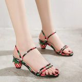 Women's Ladies Strawberry Printed Beach Party Shoes Summer Open Toe Low Heel Slip-on Crystal Slippers Sandals
