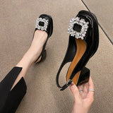 New Baotou Sandals French Style Retro Square Head Water Diamond Buckle After Empty Thick Heel Temperament Fairy Wind