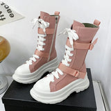 Canvas Chunky Platform Motorcycle Boots Women Zip Thick Bottom Combat Boots Woman Autumn Winter Punk Mid Calf Botas