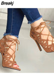 Fashion Women High Heels Sandals Pumps Sexy Hollow Lace-Up Cross-Tied Females Summer Sandals Peep Toe Party Shoes